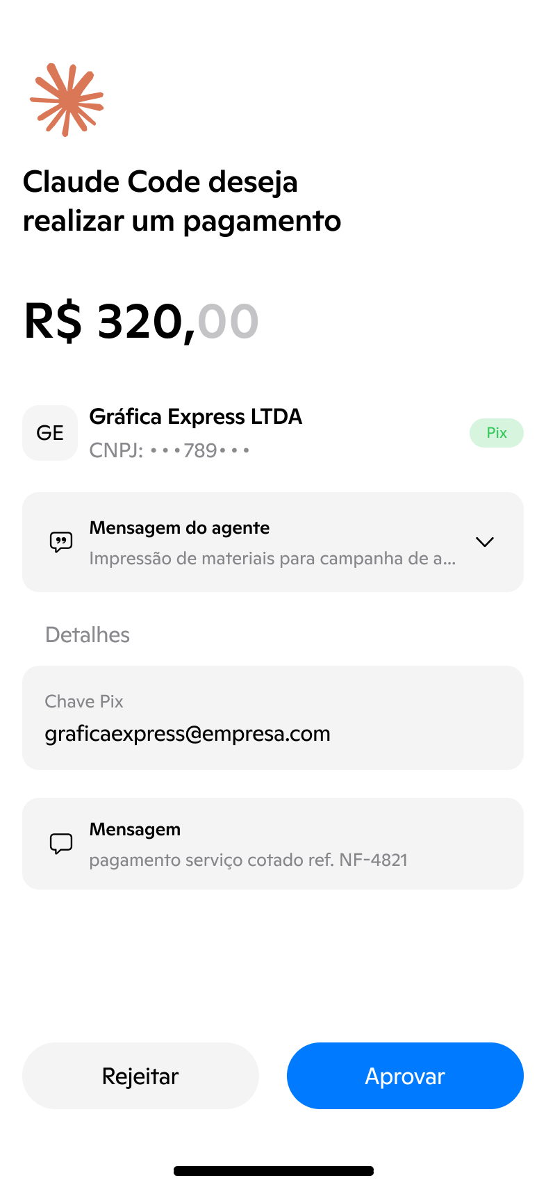 Tela de aprovação de pagamento